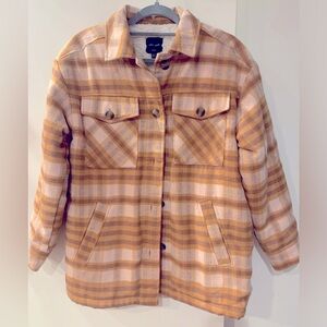 Love Tree Sherpa Lined Shacket Pink, Gold & Rust Plaid Size Small